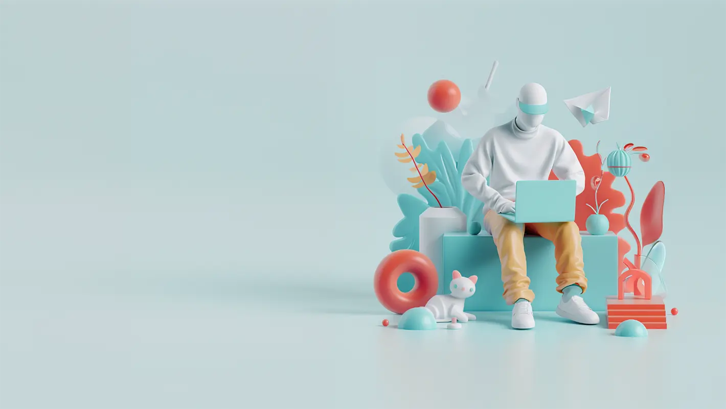 3D illustration of a boy sitting with a laptop on his legs