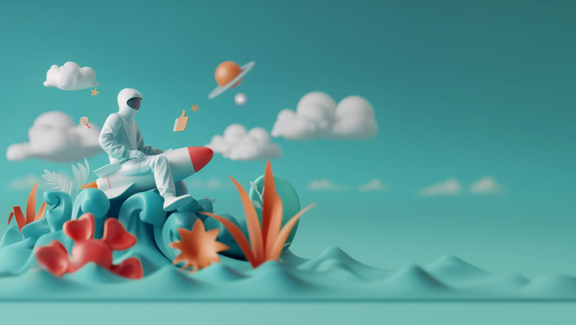 3D illustration of an astronaut on top of a rocket