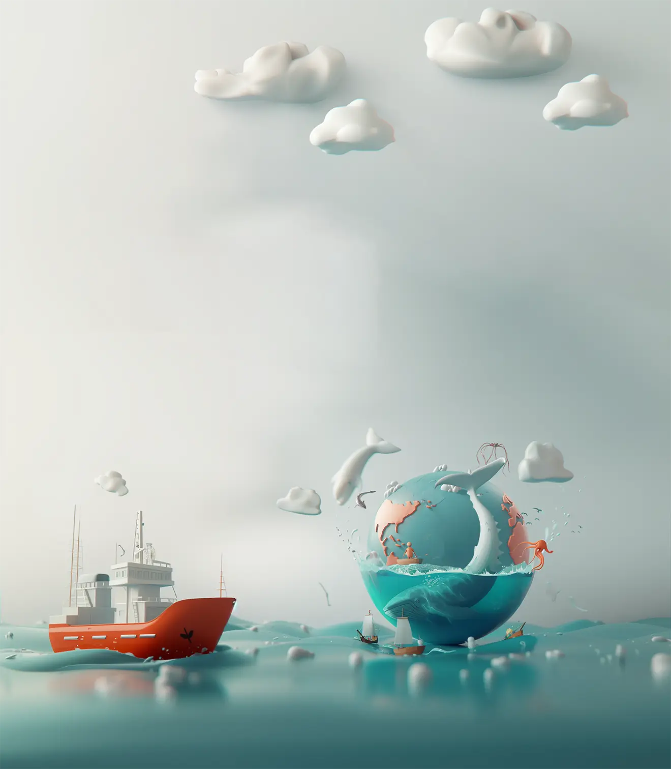 3D illustration of a red ship next to a planet earth over the sea