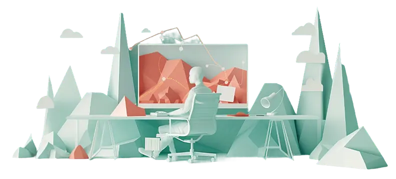 3D illustration of a green boy sitting at a computer
