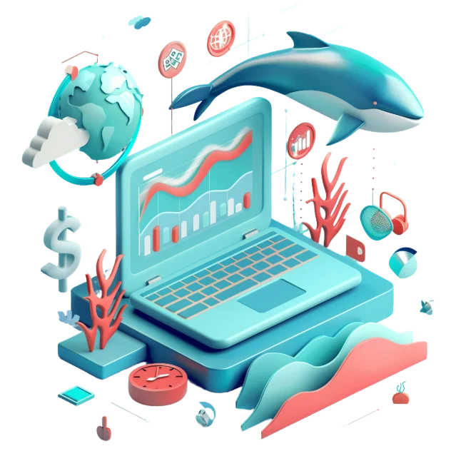 Illustration of a laptop showing a statistic with a blue whale next to it