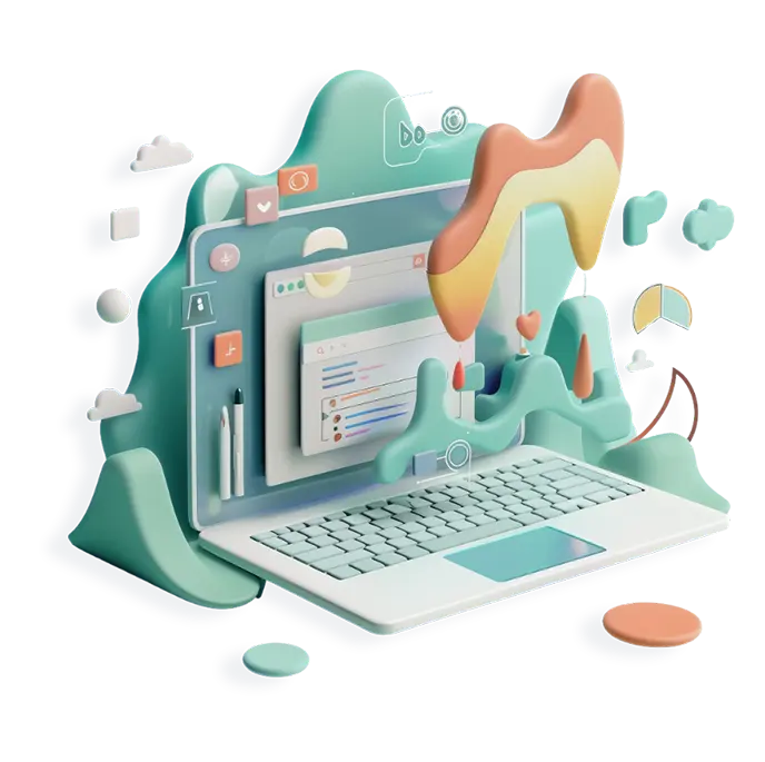 3D illustration of a laptop with windows and statistics