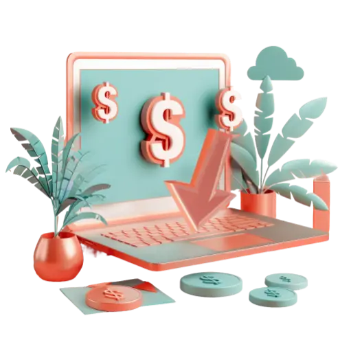 Illustration of a laptop with dollar icons on top