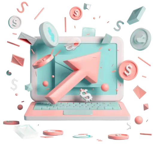 Illustration of a laptop with dollar icons and an up arrow