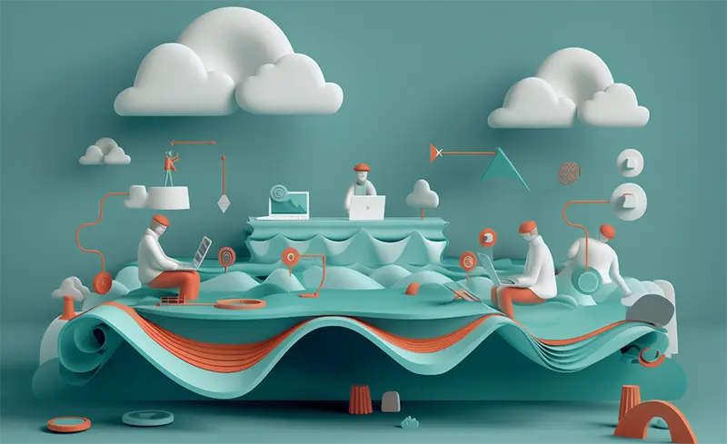 illustration of people sitting at a green table working on laptops