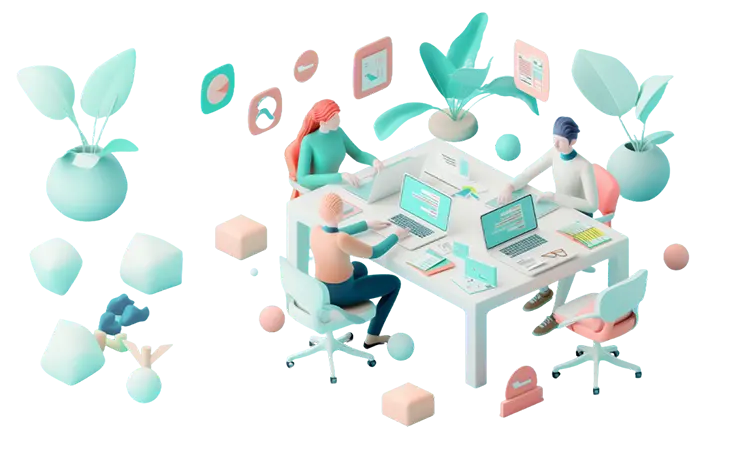 3D illustration of 3 people sitting at a table working on laptops