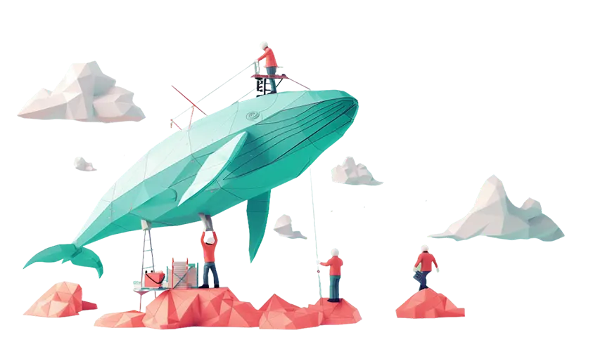 3D illustration of several workers building a whale