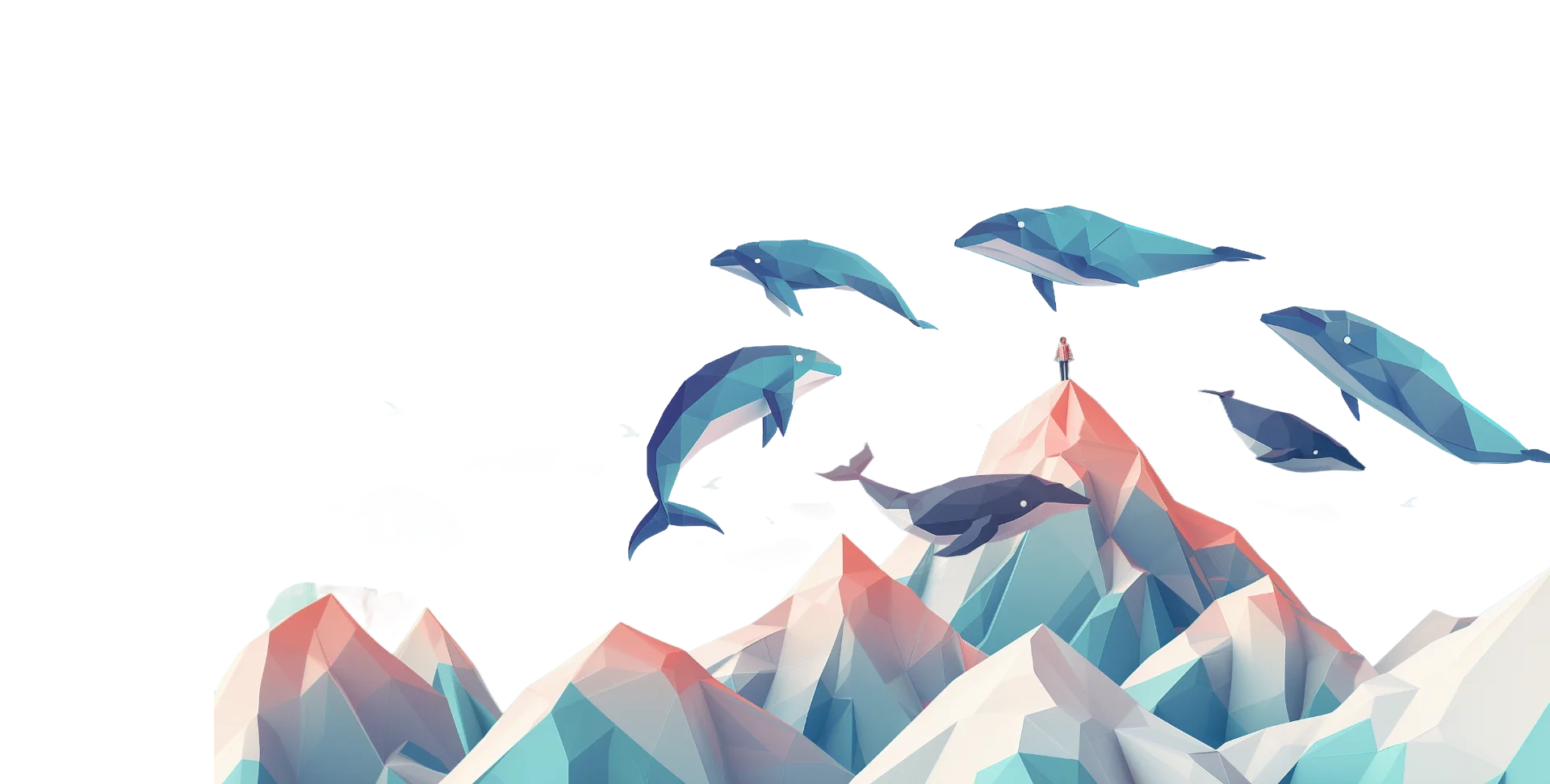 3D illustration of blue whales flying over a mountain