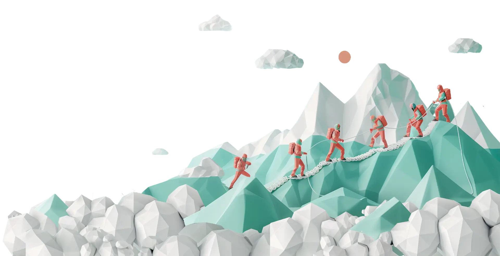 3D illustration of blue whales flying over a mountain