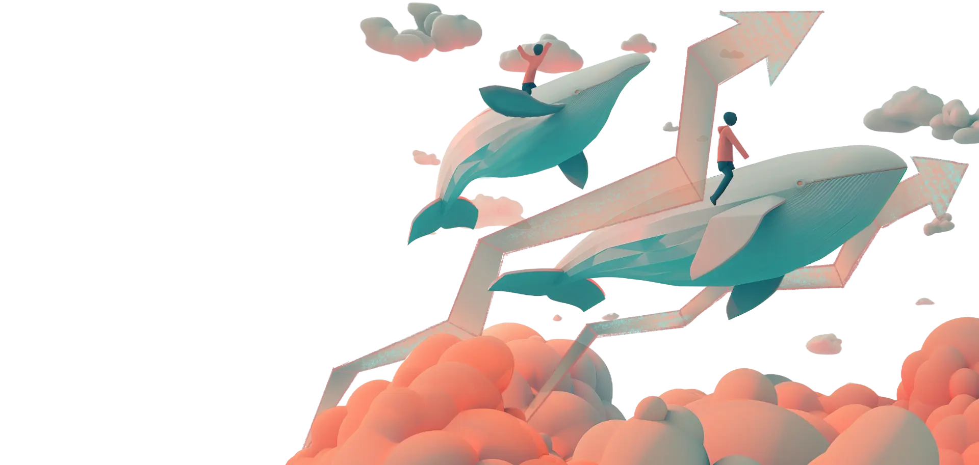 3D illustration of blue whales flying over a mountain