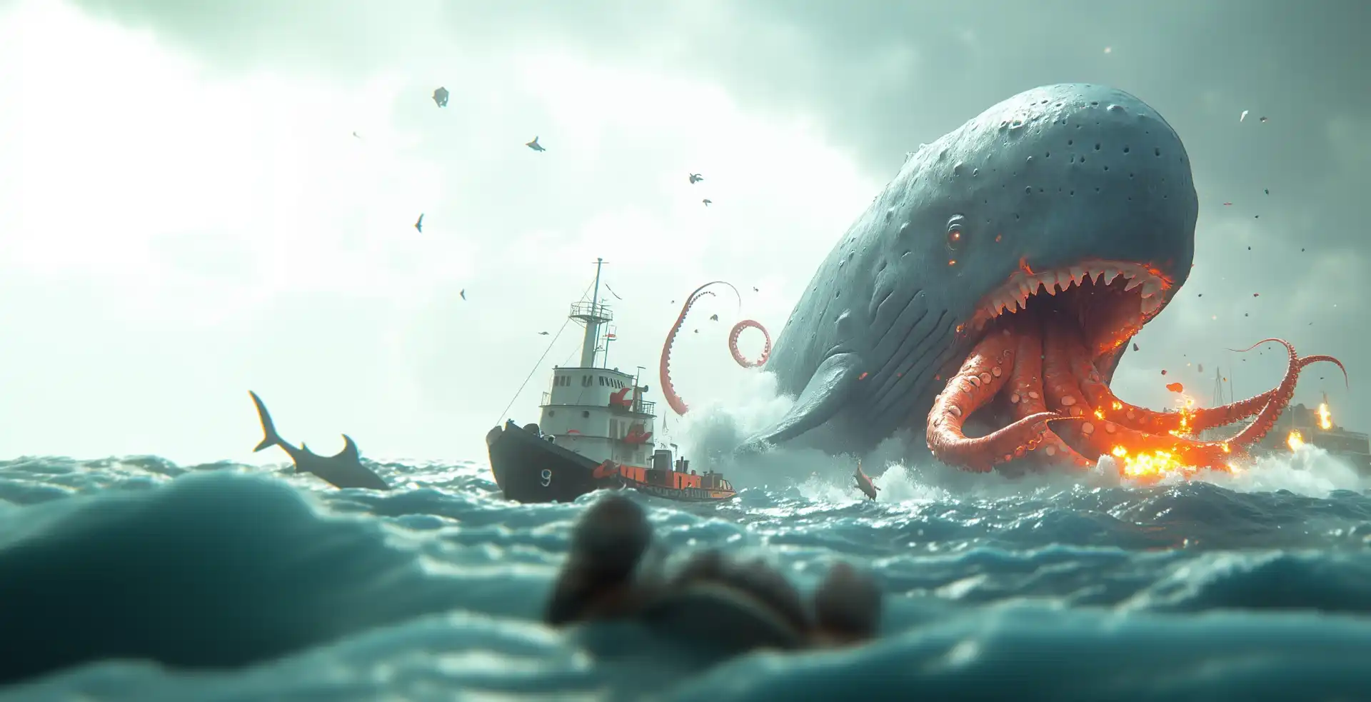 Illustration of a terrifying whale in a storm