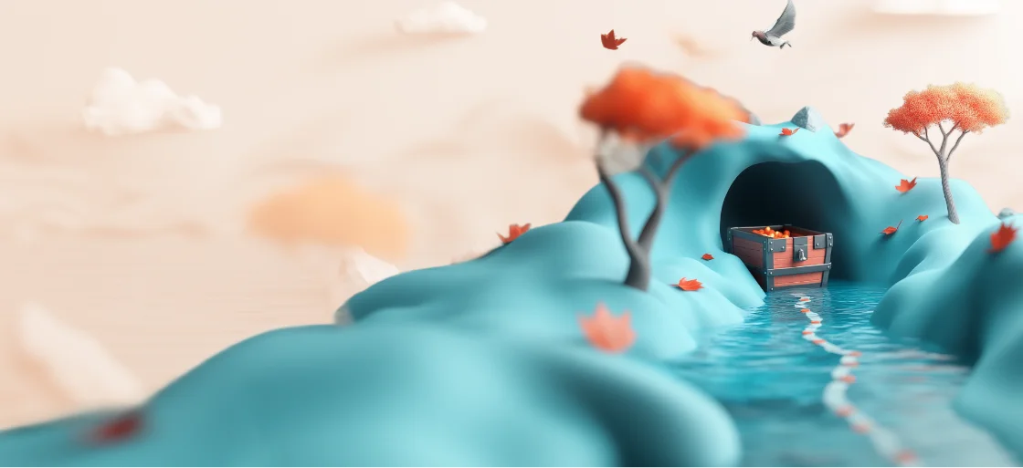 3D illustration of a chest on an island
