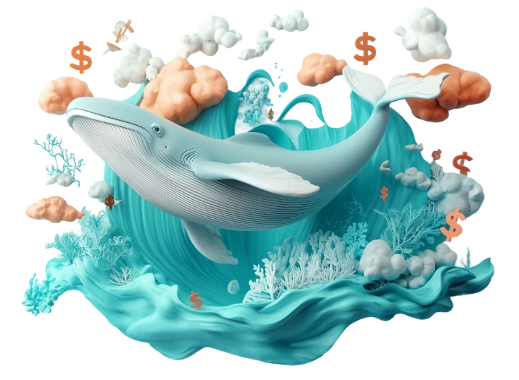 3D illustration of a whale with a wave in the background